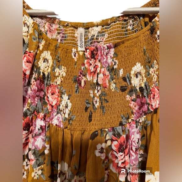 Mustard Colored Floral Babydoll Top with Tapered Sleeve Detail - Picture 2 of 4